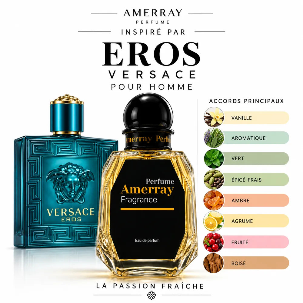 Amerray inspiré par Eros Versace – accords vanille · aromatique · vert · épicé frais · ambre · agrume · fruité · boisé