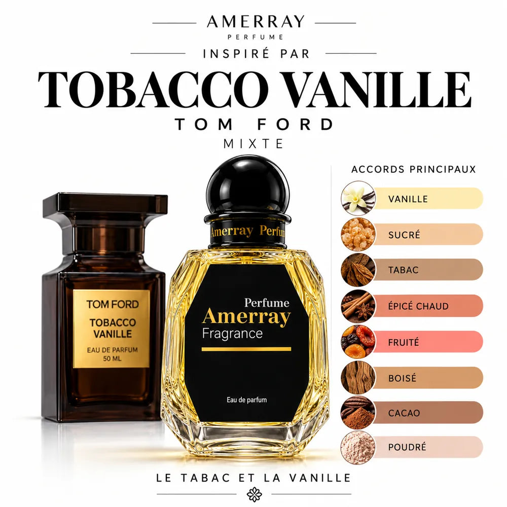 Amerray inspiré par Tobacco Vanille Tom Ford – accords vanille · sucré · tabac · épicé chaud · fruité · boisé · cacao · poudré