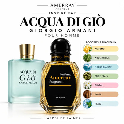 Amerray inspiré par Acqua di Giò Giorgio Armani – accords agrume · aromatique · odeur marine · épicé frais · floral · boisé · frais