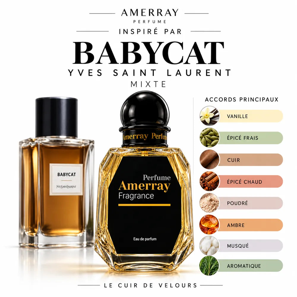 Amerray inspiré par Babycat Yves Saint Laurent – accords vanille · épicé frais · cuir · épicé chaud · poudré · ambre · musqué · aromatique