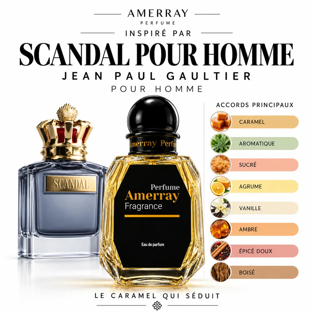 Amerray inspiré par Scandal Pour Homme Jean Paul Gaultier – accords caramel · aromatique · sucré · agrume · vanille · ambre · épicé doux · boisé