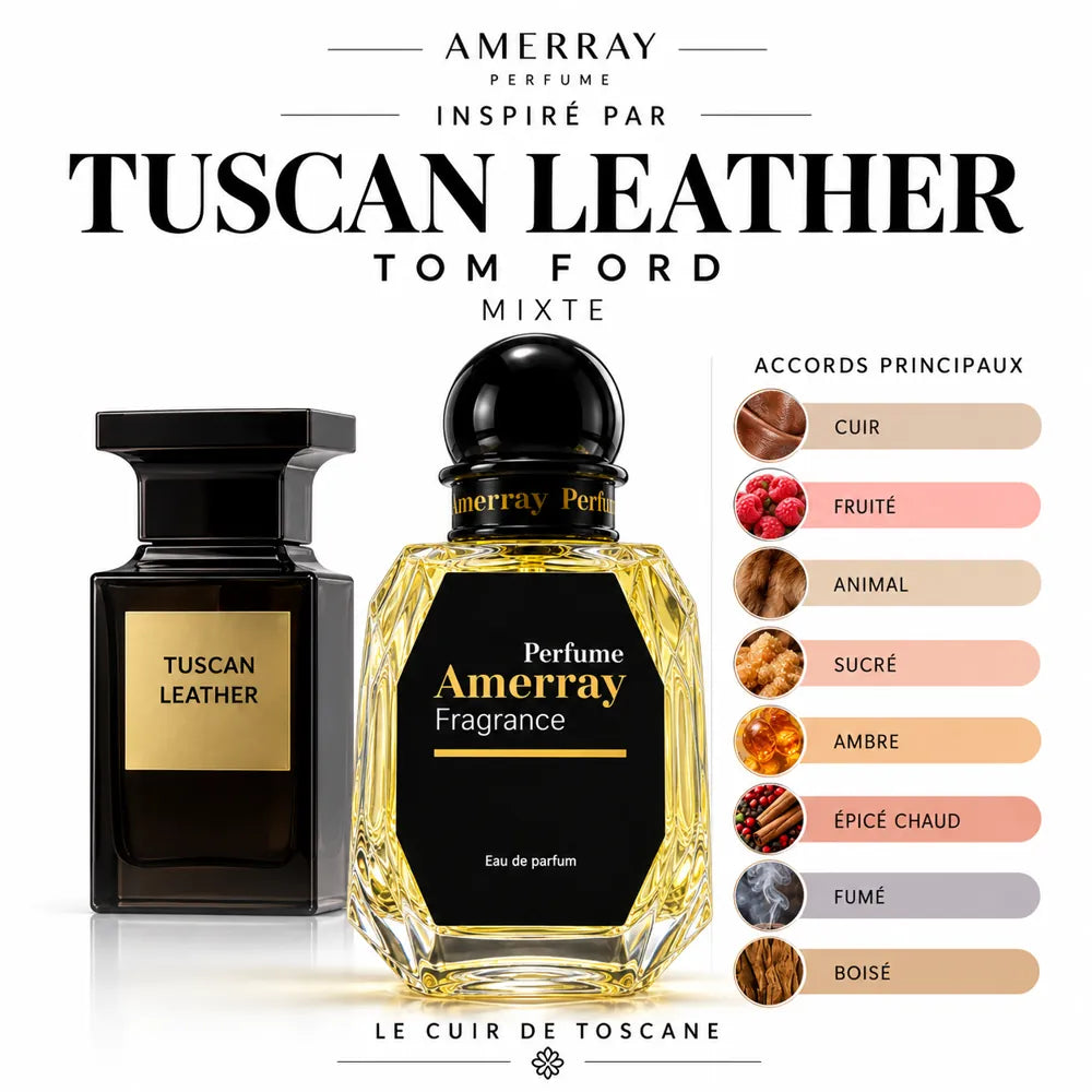 Amerray inspiré par Tuscan Leather Tom Ford – accords cuir · fruité · animal · sucré · ambre · épicé chaud · fumé · boisé