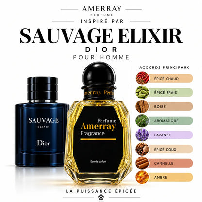 Amerray inspiré par Sauvage Elixir Dior – accords épicé chaud · épicé frais · boisé · aromatique · lavande · épicé doux · cannelle · ambre