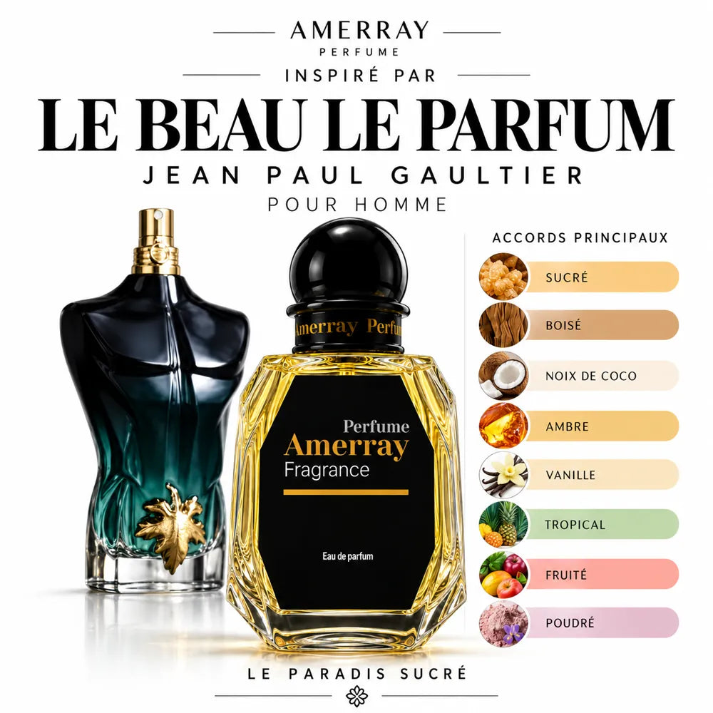Amerray inspiré par Le Beau Le Parfum Jean Paul Gaultier – accords sucré · boisé · noix de coco · ambre · vanille · tropical · fruité · poudré