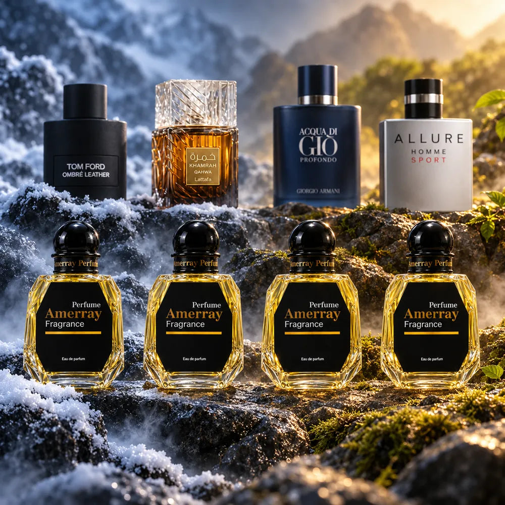 New Pack 2026 N°11 Amerray – 4 parfums homme hiver et été : Ombre Leather, Khamrah Qahwa, Acqua di Giò Profondo, Allure Homme Sport