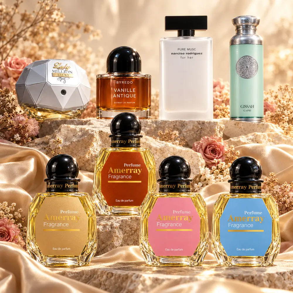 Pack 4 parfums femme Amerray N°21 – Lady Million Lucky, Vanille Antique, Pure Musc For Her, Capri
