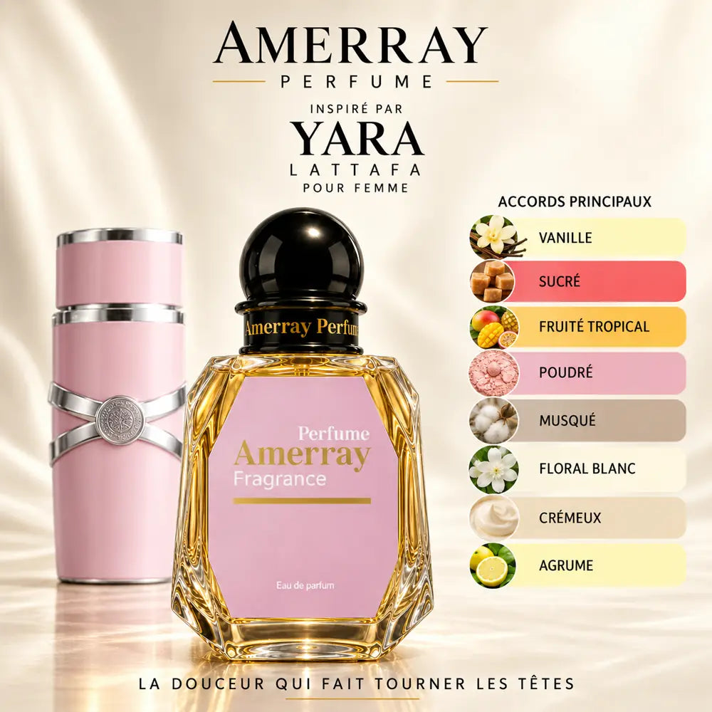 Amerray inspiré par Yara Lattafa – accords vanille · sucré · fruité tropical · poudré · musqué · floral blanc · crémeux · agrume