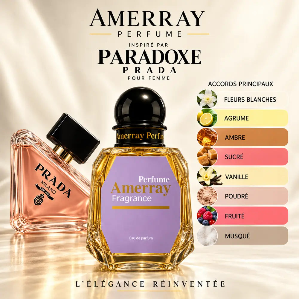 Amerray inspiré par Paradoxe Prada – accords fleurs blanches · agrume · ambre · sucré · vanille · poudré · fruité · musqué