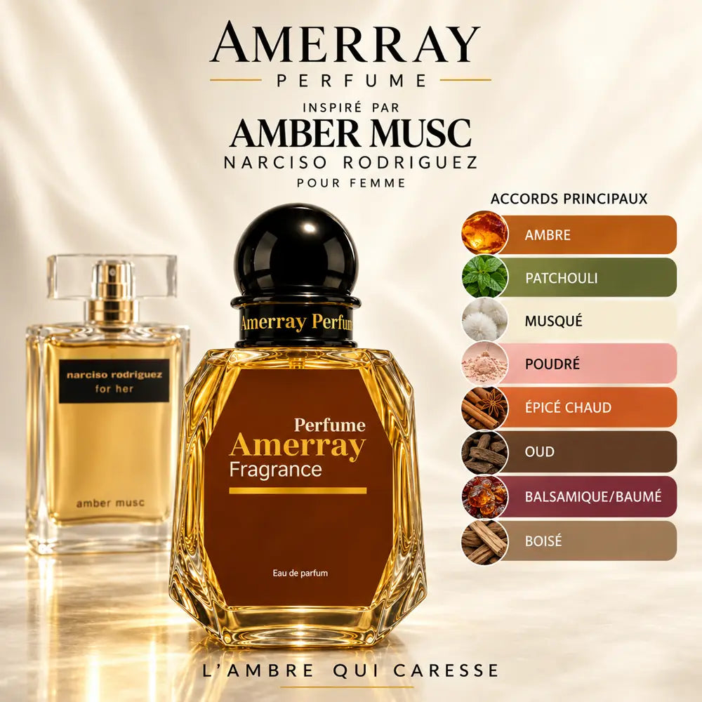 Amerray inspiré par Amber Musc Narciso Rodriguez – accords ambre · patchouli · musqué · poudré · épicé chaud · oud · balsamique/baumé · boisé