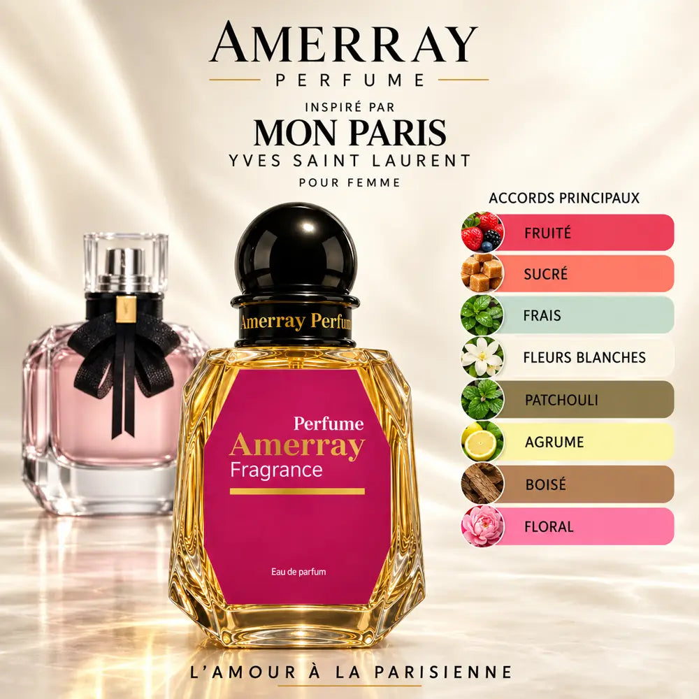 Amerray inspiré par Mon Paris Yves Saint Laurent – accords fruité · sucré · frais · fleurs blanches · patchouli · agrume · boisé · floral