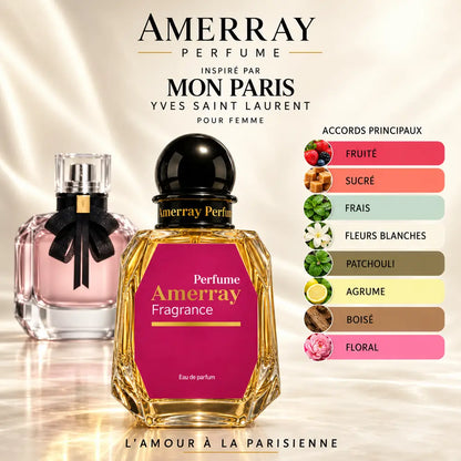 Amerray inspiré par Mon Paris Yves Saint Laurent – accords fruité · sucré · frais · fleurs blanches · patchouli · agrume · boisé · floral