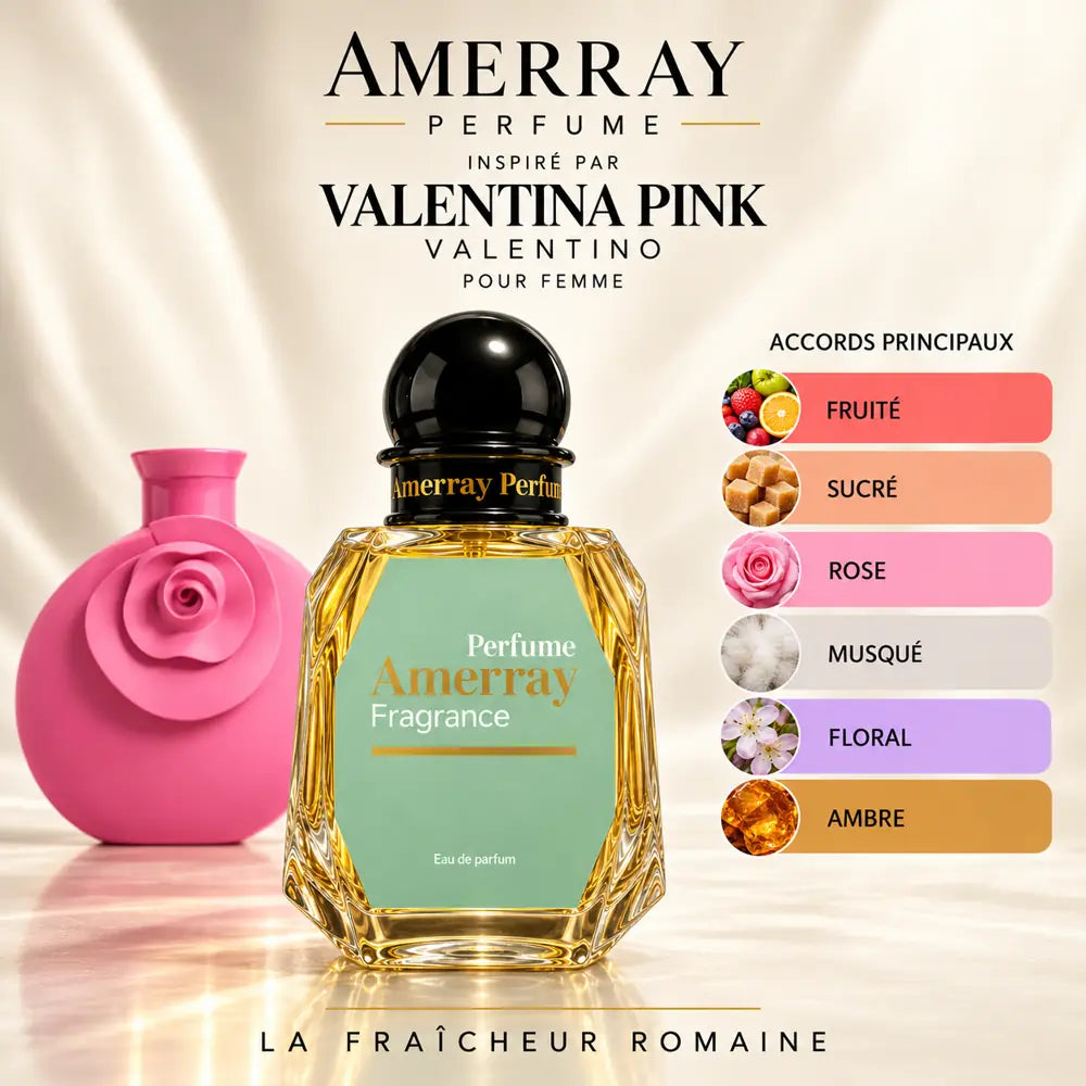 Amerray inspiré par Valentina Pink Valentino – accords fruité · sucré · rose · musqué · floral · ambre
