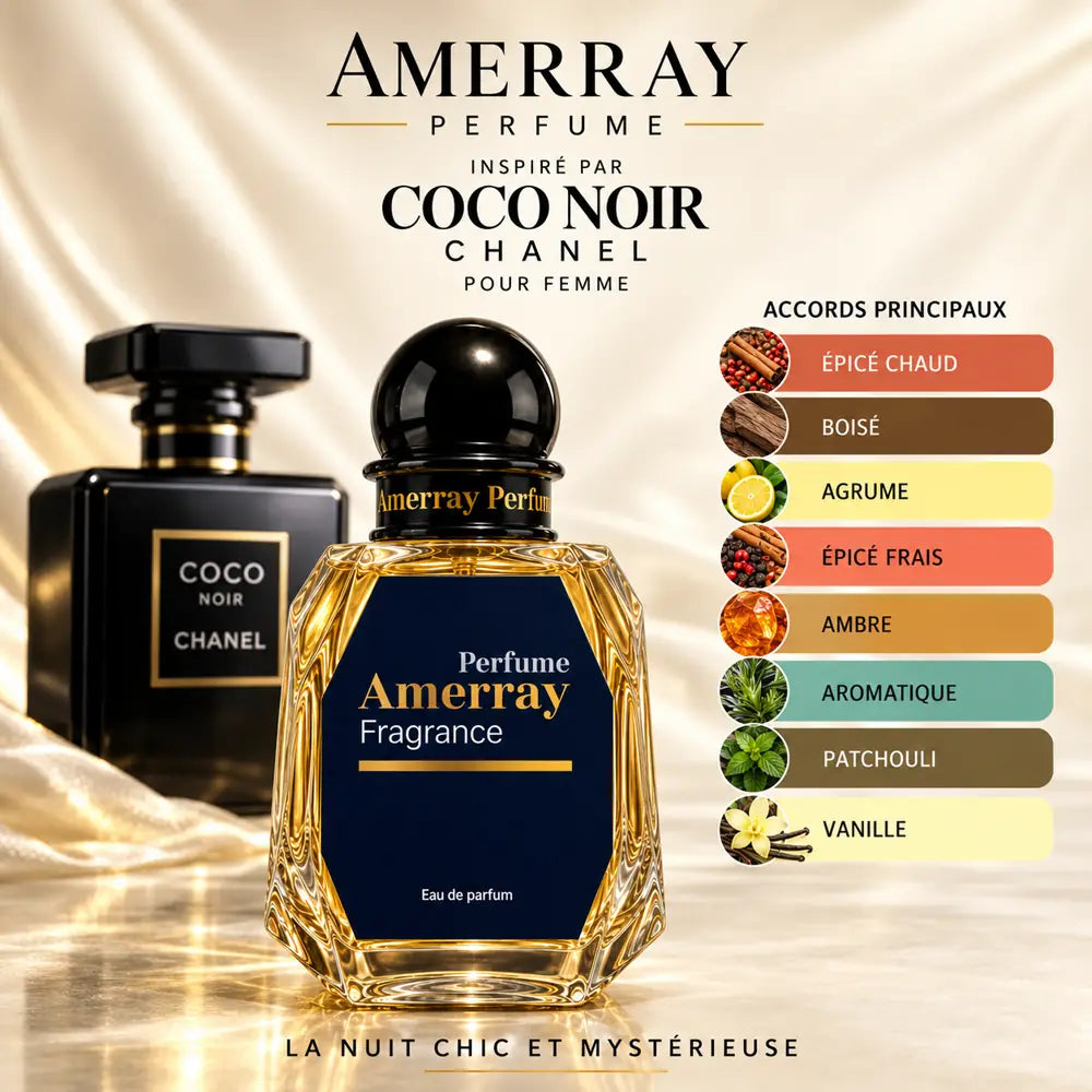 Amerray inspiré par Coco Noir Chanel – accords épicé chaud · boisé · agrume · épicé frais · ambre · aromatique · patchouli · vanille