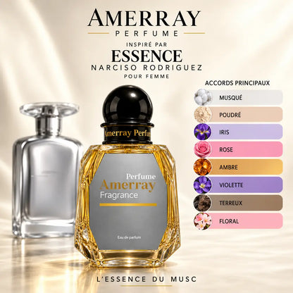Amerray inspiré par Essence Narciso Rodriguez – accords musqué · poudré · iris · rose · ambre · violette · terreux · floral