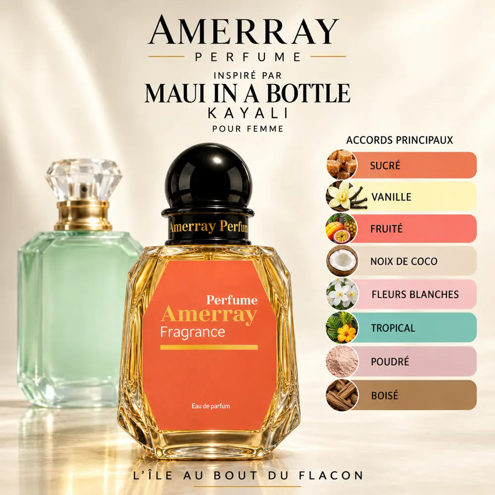 Amerray inspiré par Maui in a Bottle Kayali – accords sucré · vanille · fruité · noix de coco · fleurs blanches · tropical · poudré · boisé