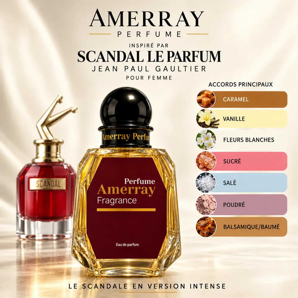 Amerray inspiré par Scandal Le Parfum Jean Paul Gaultier – accords caramel · vanille · fleurs blanches · sucré · salé · poudré · balsamique/baumé