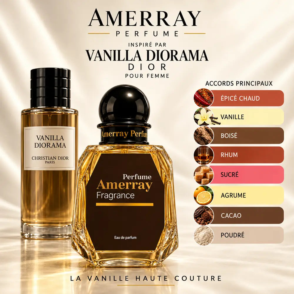 Amerray inspiré par Vanilla Diorama Dior – accords épicé chaud · vanille · boisé · rhum · sucré · agrume · cacao · poudré