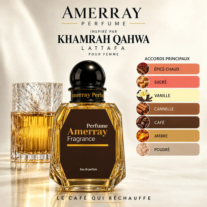 Amerray inspiré par Khamrah Qahwa Lattafa – accords épicé chaud · sucré · vanille · cannelle · café · ambre · poudré