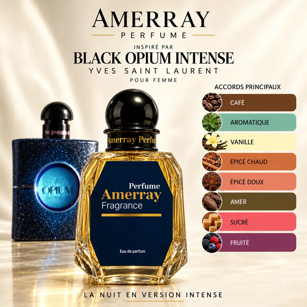 Amerray inspiré par Black Opium Intense Yves Saint Laurent – accords café · aromatique · vanille · épicé chaud · épicé doux · amer · sucré · fruité