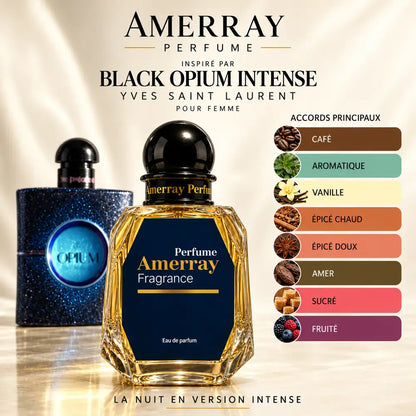 Amerray inspiré par Black Opium Intense Yves Saint Laurent – accords café · aromatique · vanille · épicé chaud · épicé doux · amer · sucré · fruité