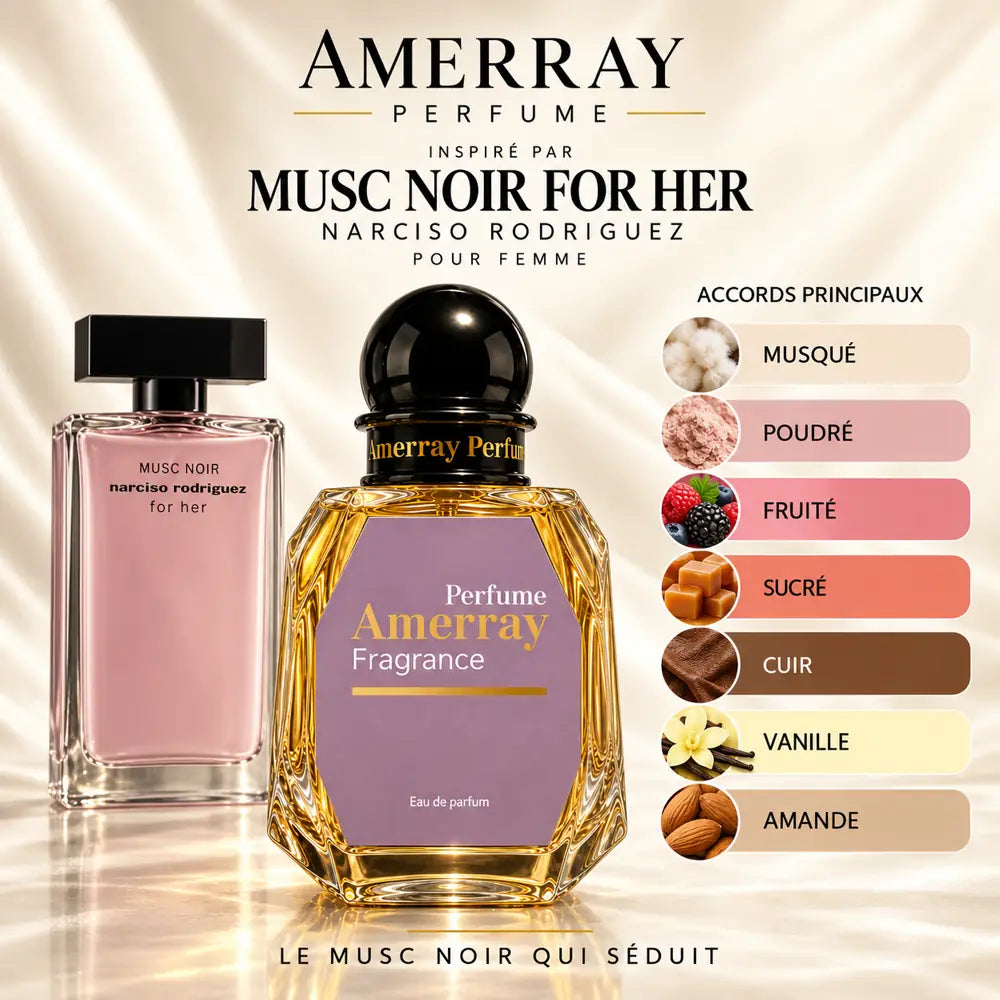 Amerray inspiré par Musc Noir For Her Narciso Rodriguez – accords musqué · poudré · fruité · sucré · cuir · vanille · amande