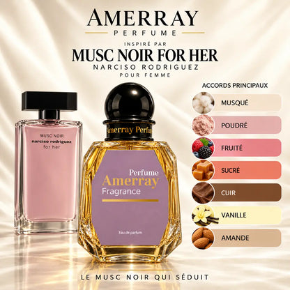 Amerray inspiré par Musc Noir For Her Narciso Rodriguez – accords musqué · poudré · fruité · sucré · cuir · vanille · amande