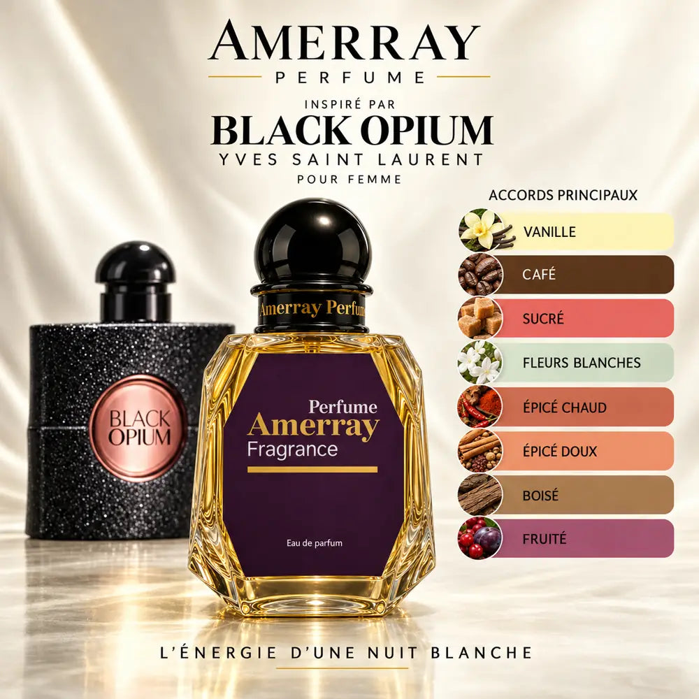 Amerray inspiré par Black Opium Yves Saint Laurent – accords vanille · café · sucré · fleurs blanches · épicé chaud · épicé doux · boisé · fruité