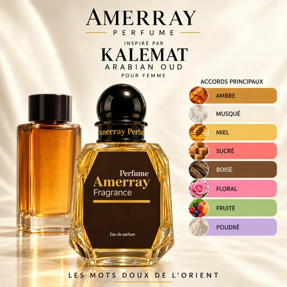 Amerray inspiré par Kalemat Arabian Oud – accords ambre · musqué · miel · sucré · boisé · floral · fruité · poudré