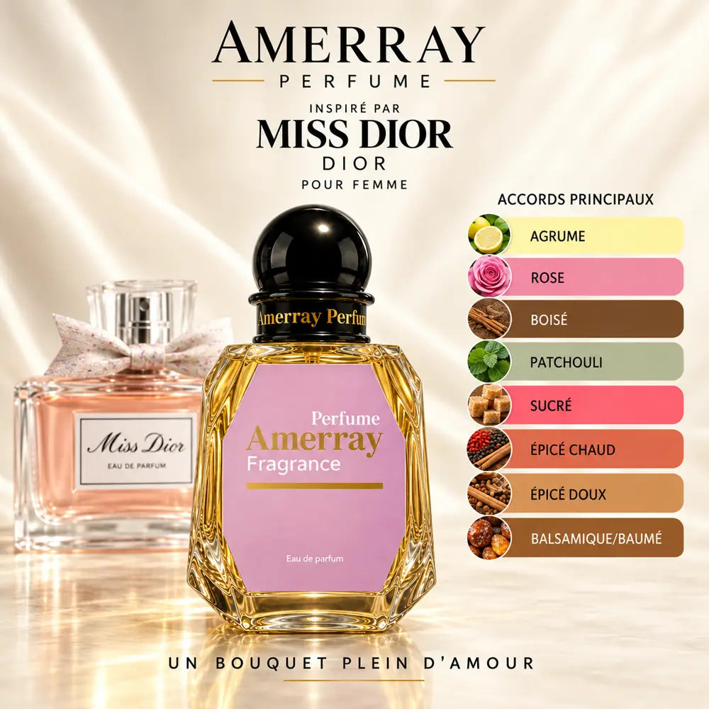 Amerray inspiré par Miss Dior Dior – accords agrume · rose · boisé · patchouli · sucré · épicé chaud · épicé doux · balsamique/baumé