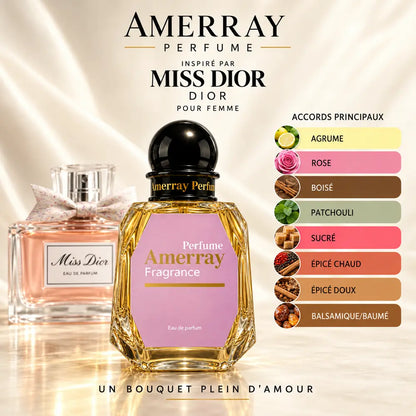 Amerray inspiré par Miss Dior Dior – accords agrume · rose · boisé · patchouli · sucré · épicé chaud · épicé doux · balsamique/baumé