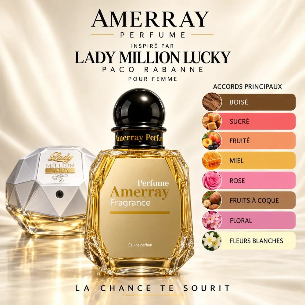 Amerray inspiré par Lady Million Lucky Paco Rabanne – accords boisé · sucré · fruité · miel · rose · fruits à coque · floral · fleurs blanches