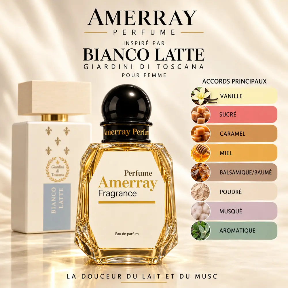 Amerray inspiré par Bianco Latte Giardini di Toscana – accords vanille · sucré · caramel · miel · balsamique/baumé · poudré · musqué · aromatique