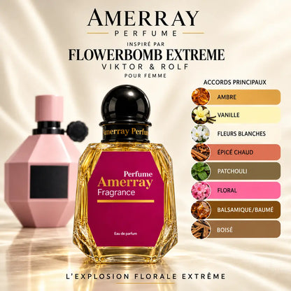 Amerray inspiré par Flowerbomb Extreme Viktor & Rolf – accords ambre · vanille · fleurs blanches · épicé chaud · patchouli · floral · balsamique/baumé · boisé