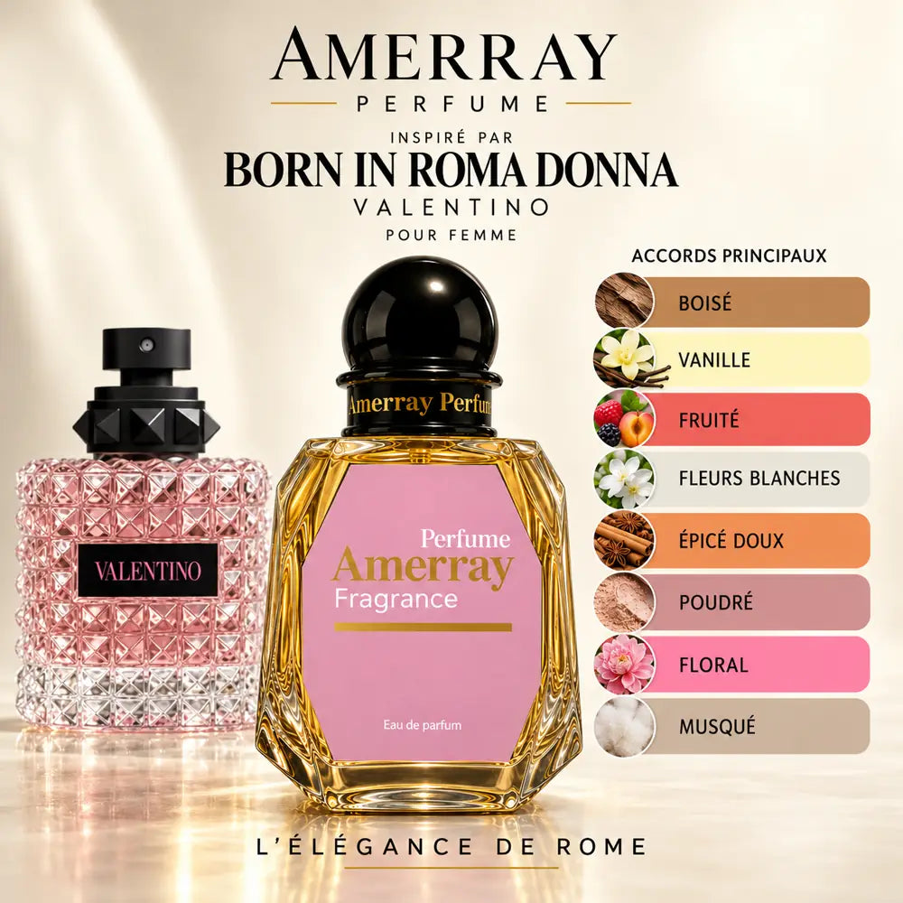 Amerray inspiré par Born in Roma Donna Valentino – accords boisé · vanille · fruité · fleurs blanches · épicé doux · poudré · floral · musqué
