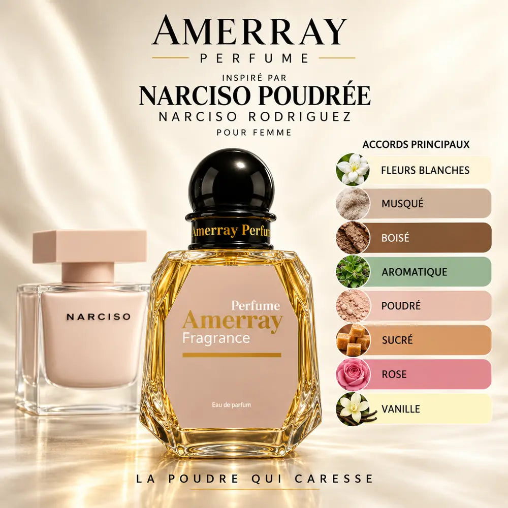 Amerray inspiré par Narciso Poudrée Narciso Rodriguez – accords fleurs blanches · musqué · boisé · aromatique · poudré · sucré · rose · vanille