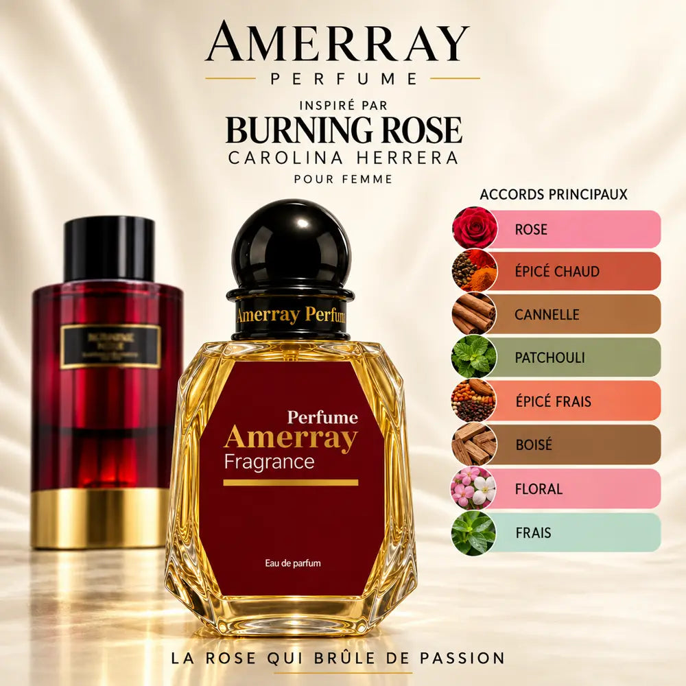 Amerray inspiré par Burning Rose Carolina Herrera – accords rose · épicé chaud · cannelle · patchouli · épicé frais · boisé · floral · frais