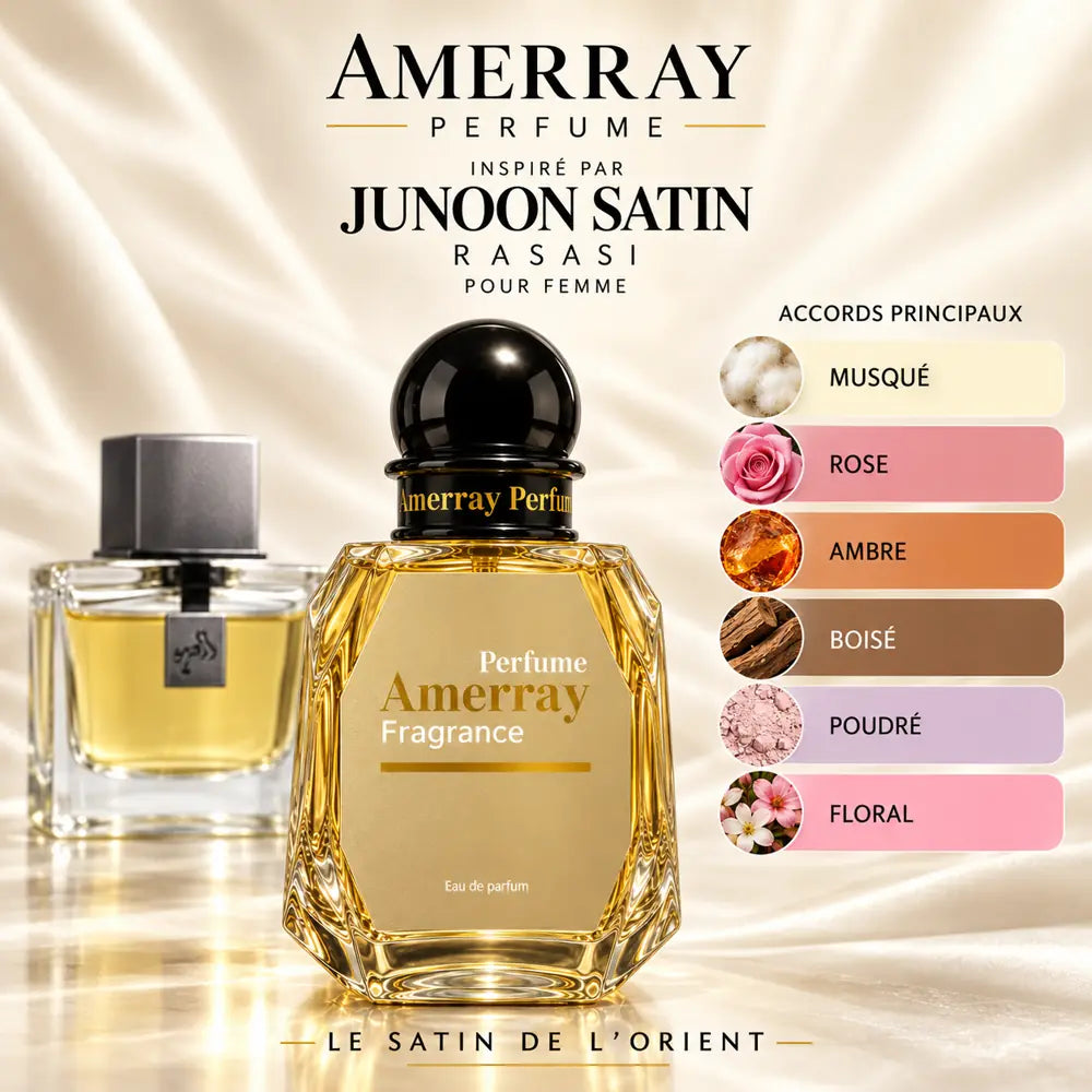 Amerray inspiré par Junoon Satin Rasasi – accords musqué · rose · ambre · boisé · poudré · floral