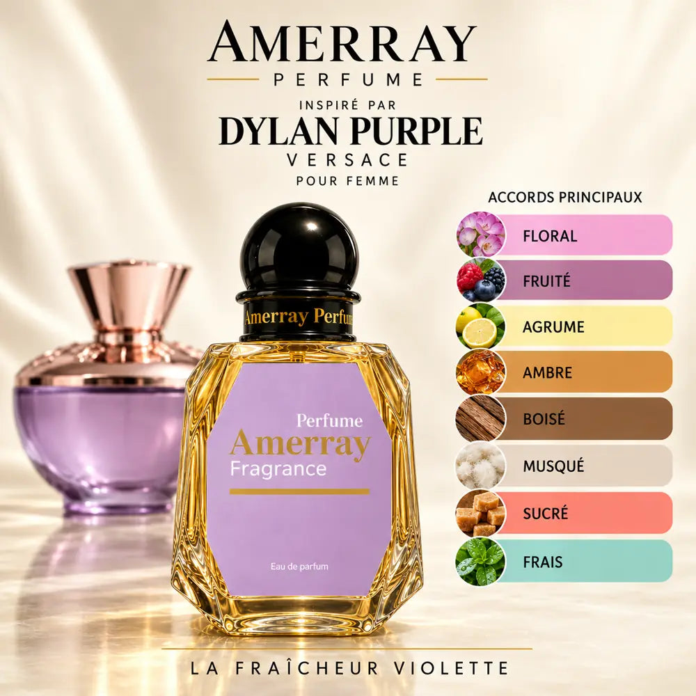 Amerray inspiré par Dylan Purple Versace – accords floral · fruité · agrume · ambre · boisé · musqué · sucré · frais