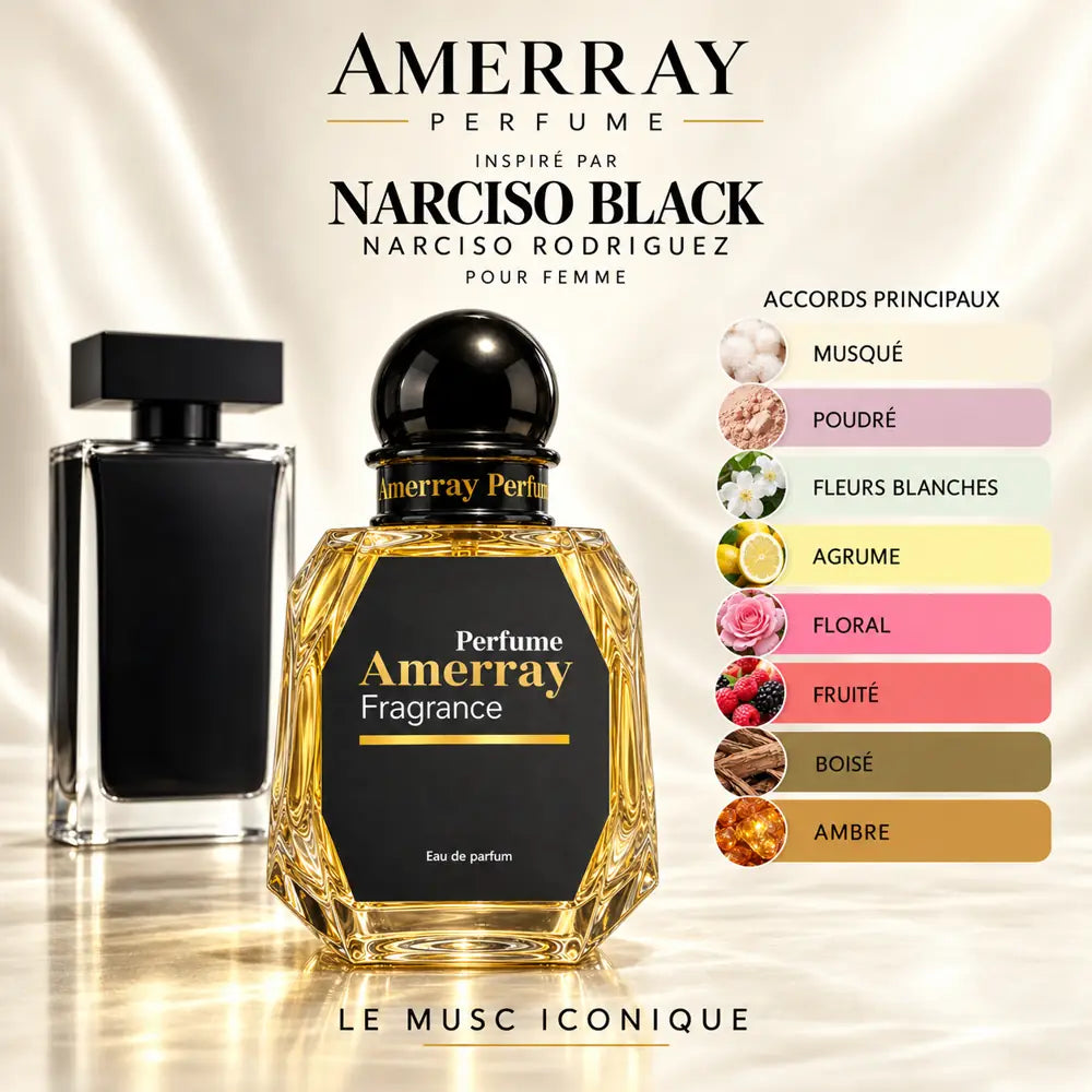 Amerray inspiré par Narciso Black Narciso Rodriguez – accords musqué · poudré · fleurs blanches · agrume · floral · fruité · boisé · ambre