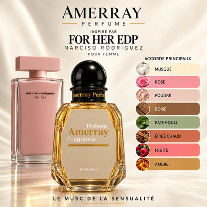 Amerray inspiré par For Her EDP Narciso Rodriguez – accords musqué · rose · poudré · boisé · patchouli · épicé chaud · fruité · ambre