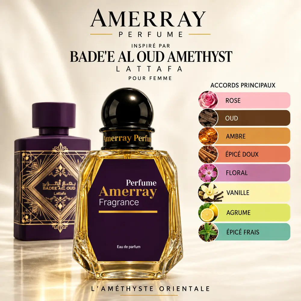 Amerray inspiré par Bade'e Al Oud Amethyst Lattafa – accords rose · oud · ambre · épicé doux · floral · vanille · agrume · épicé frais