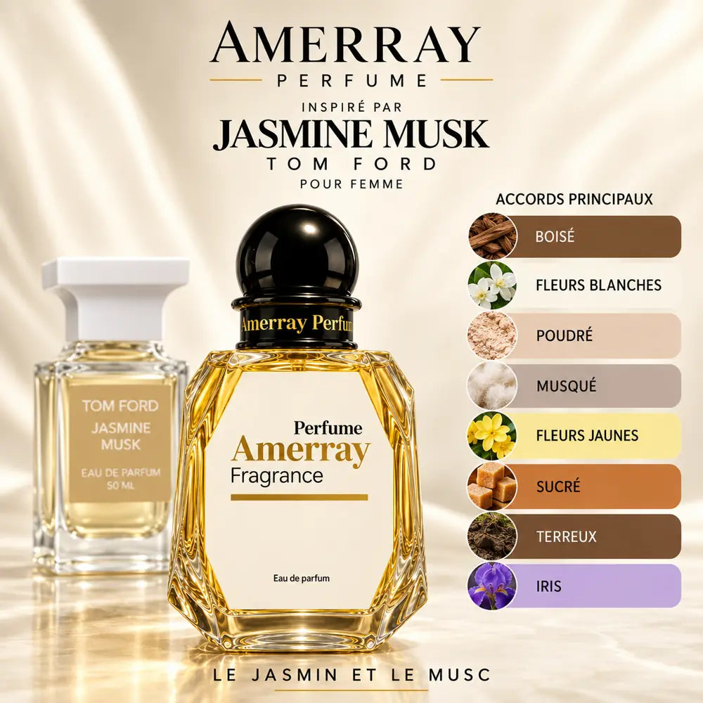 Amerray inspiré par Jasmine Musk Tom Ford – accords boisé · fleurs blanches · poudré · musqué · fleurs jaunes · sucré · terreux · iris