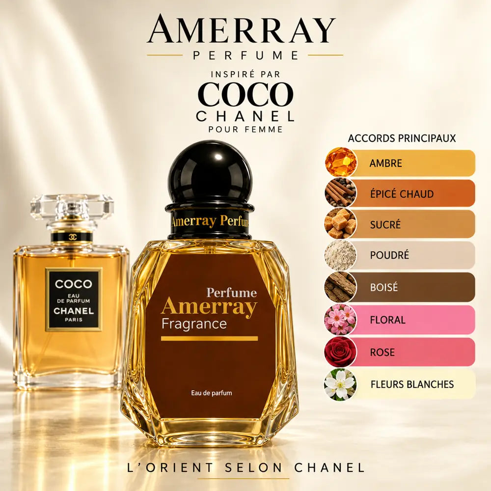 Amerray inspiré par Coco Chanel – accords ambre · épicé chaud · sucré · poudré · boisé · floral · rose · fleurs blanches