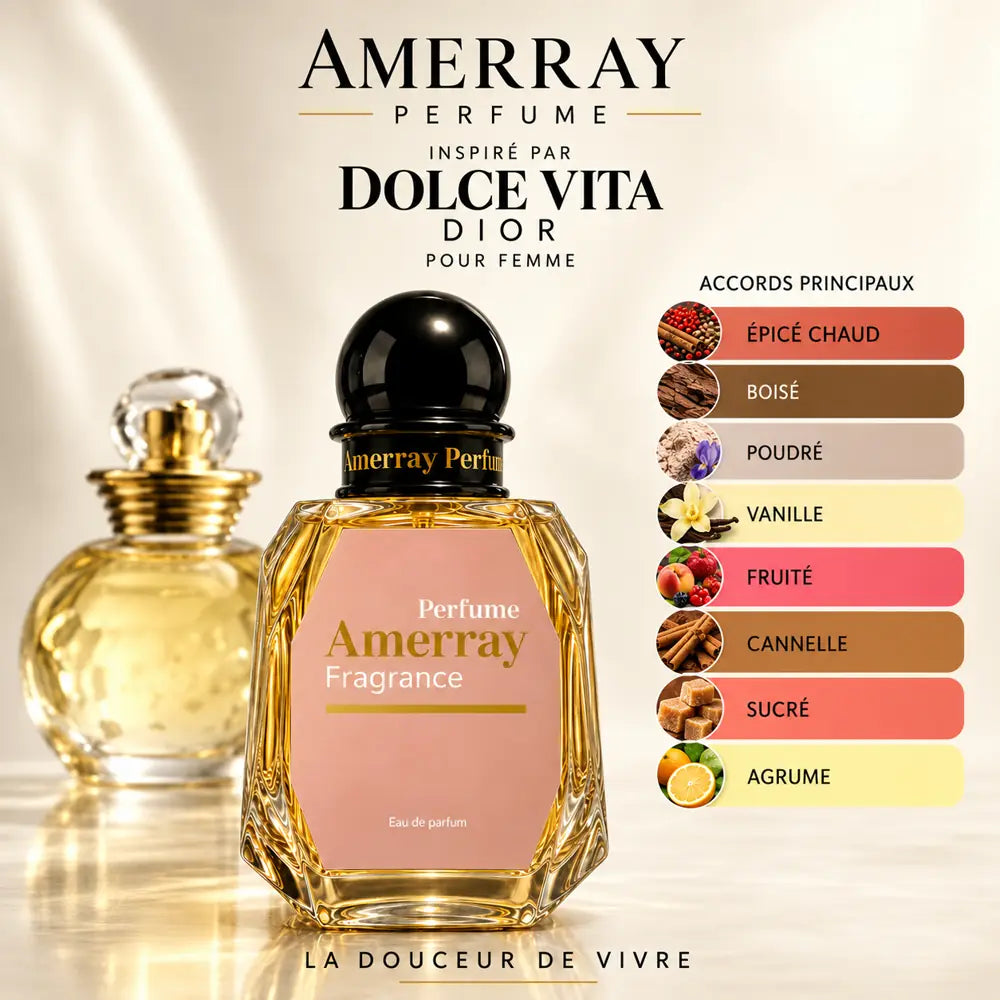Amerray inspiré par Dolce Vita Dior – accords épicé chaud · boisé · poudré · vanille · fruité · cannelle · sucré · agrume
