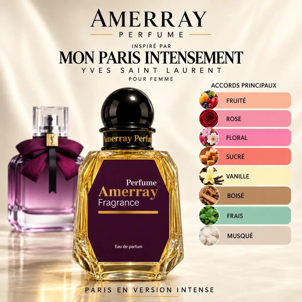 Amerray inspiré par Mon Paris Intensement Yves Saint Laurent – accords fruité · rose · floral · sucré · vanille · boisé · frais · musqué