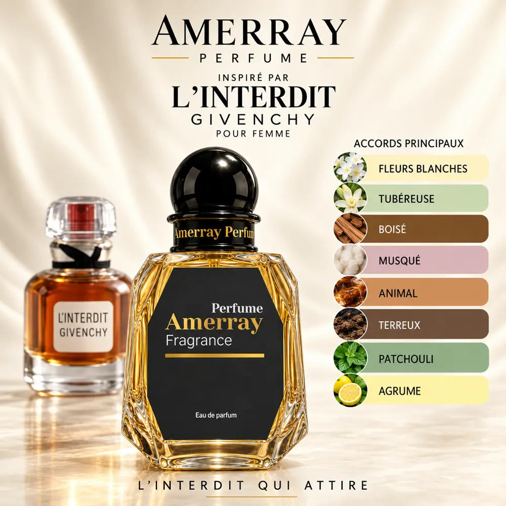 Amerray inspiré par L'Interdit Givenchy – accords fleurs blanches · tubéreuse · boisé · musqué · animal · terreux · patchouli · agrume