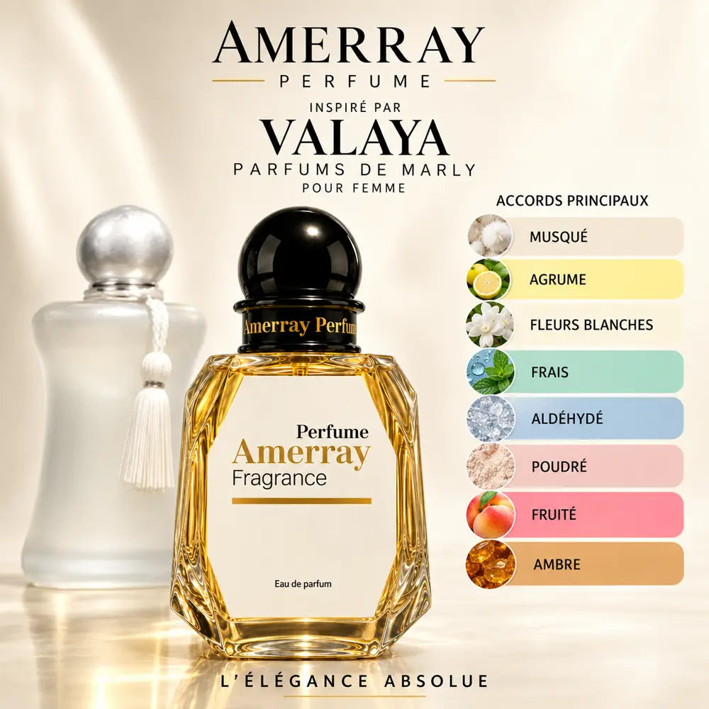 Amerray inspiré par Valaya Parfums de Marly – accords musqué · agrume · fleurs blanches · frais · aldéhydé · poudré · fruité · ambre