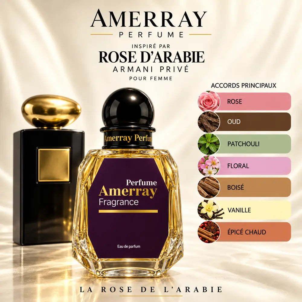 Amerray inspiré par Rose d'Arabie Armani Privé – accords rose · oud · patchouli · floral · boisé · vanille · épicé chaud