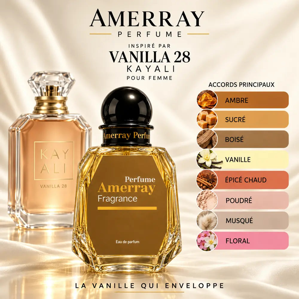 Amerray inspiré par Vanilla 28 Kayali – accords ambre · sucré · boisé · vanille · épicé chaud · poudré · musqué · floral