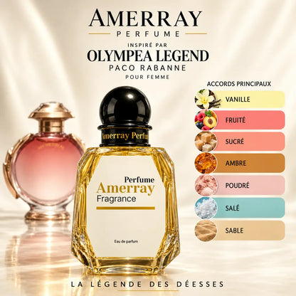 Amerray inspiré par Olympea Legend Paco Rabanne – accords vanille · fruité · sucré · ambre · poudré · salé · sable